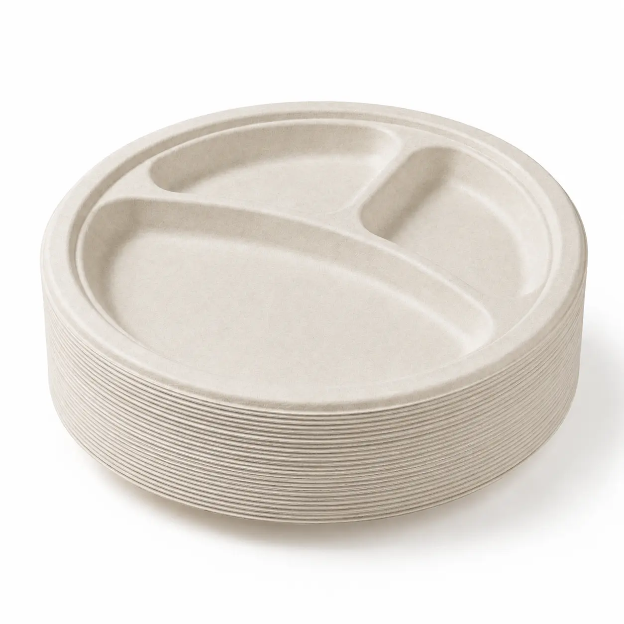 10-Inch 3-Compartment Sugarcane Bagasse Round Plate Stack Stack of natural-color 10-Inch 3-Compartment Sugarcane Bagasse Round Plates showing one large compartment, two smaller compartments, and close nesting