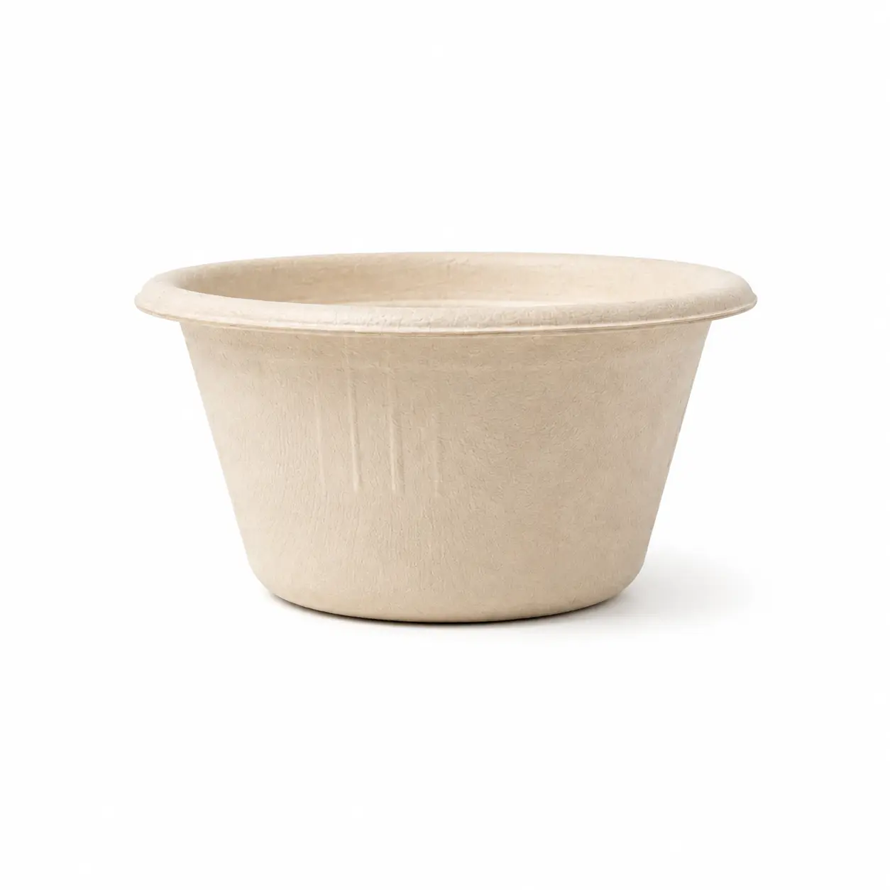 2oz Molded Fiber Sauce Cup Angled Front View Angled front view of a natural-color 2oz Molded Fiber Sauce Cup showing its round opening, flanged rim, tapered sidewall, circular base, and molded-fiber texture