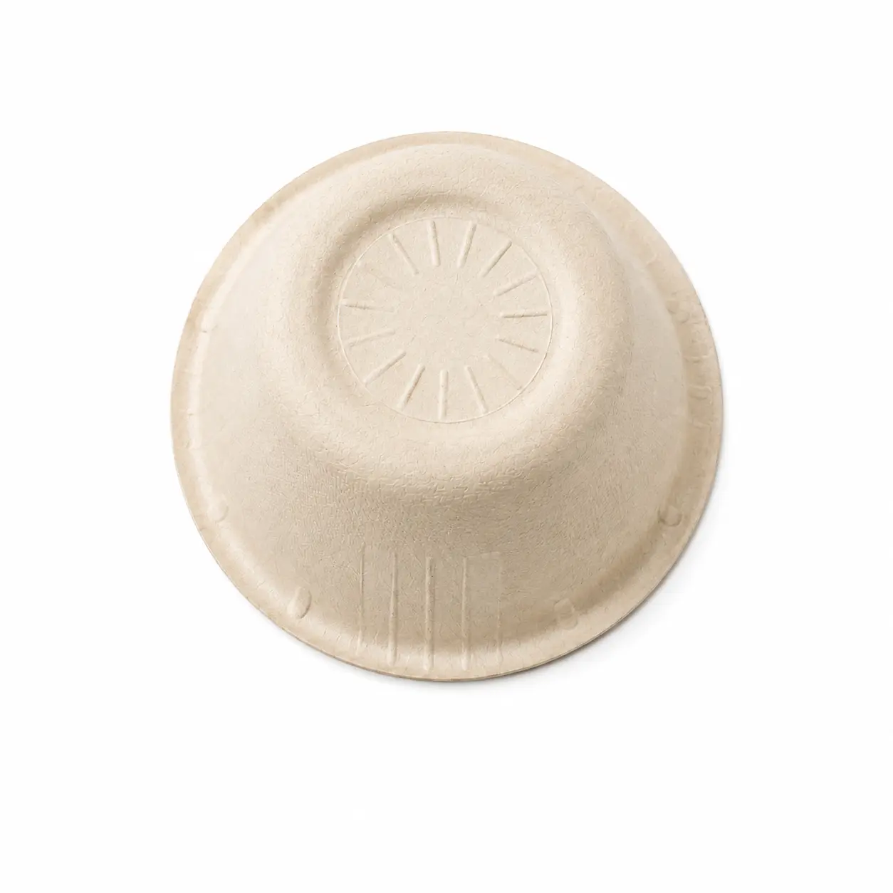 2oz Molded Fiber Sauce Cup Bottom View Bottom view of a natural-color 2oz Molded Fiber Sauce Cup showing its circular base, radial reinforcing texture, tapered outer wall, and molded rim