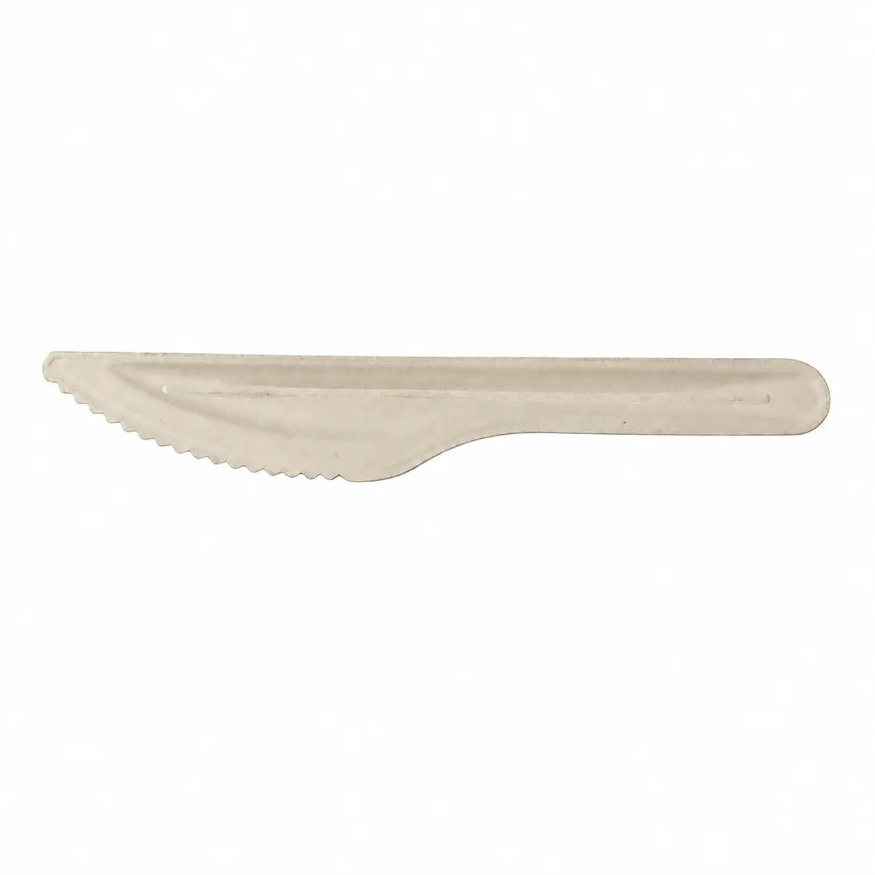 6-Inch Molded Fiber Knife Top-Side View Top-side view of a natural-color 6-Inch Molded Fiber Knife with a tapered blade, serrated cutting edge, rounded handle, and molded reinforcing channel