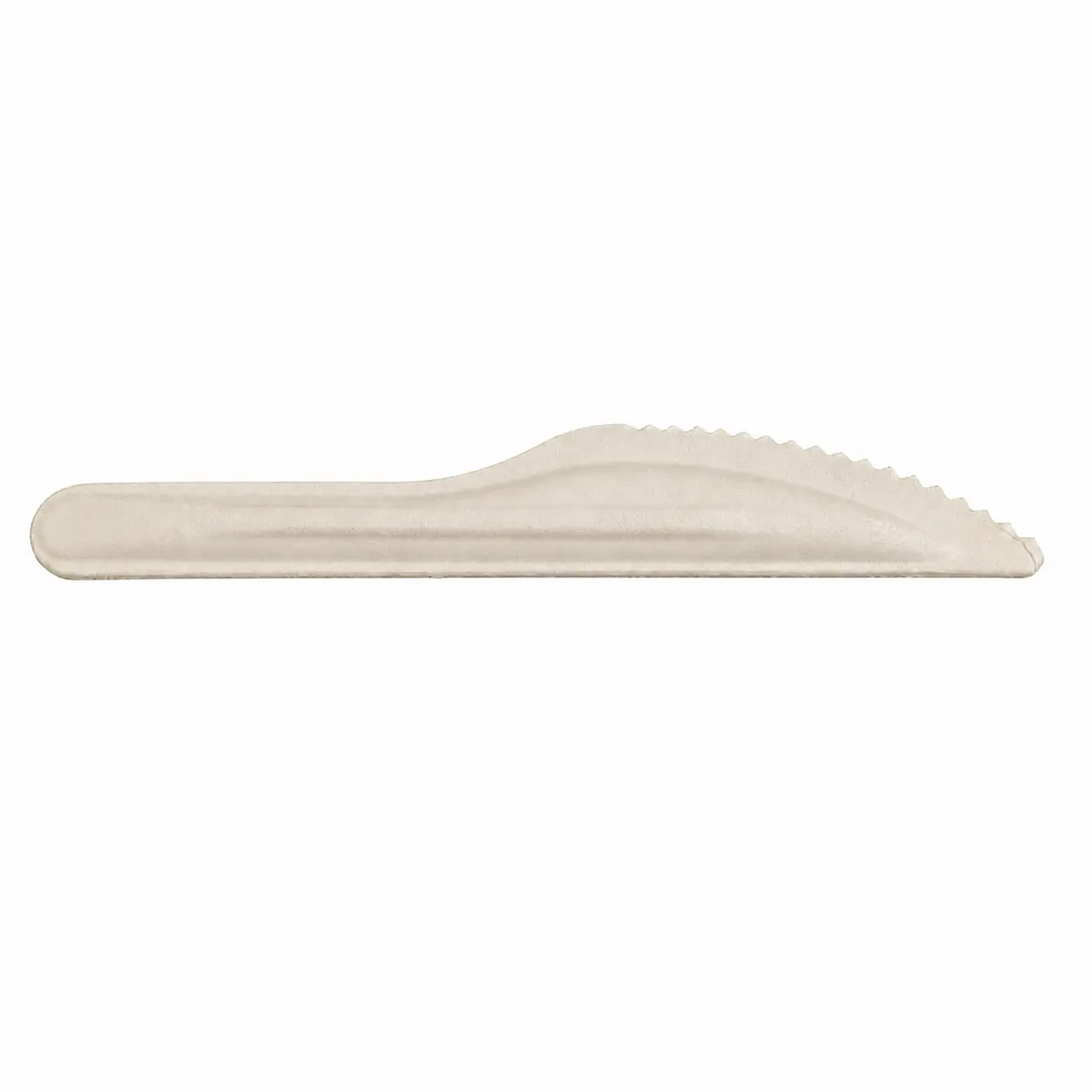6-Inch Molded Fiber Knife Reverse-Side View Reverse-side view of a natural-color 6-Inch Molded Fiber Knife showing its molded serrations, tapered blade, rounded handle, and longitudinal reinforcement
