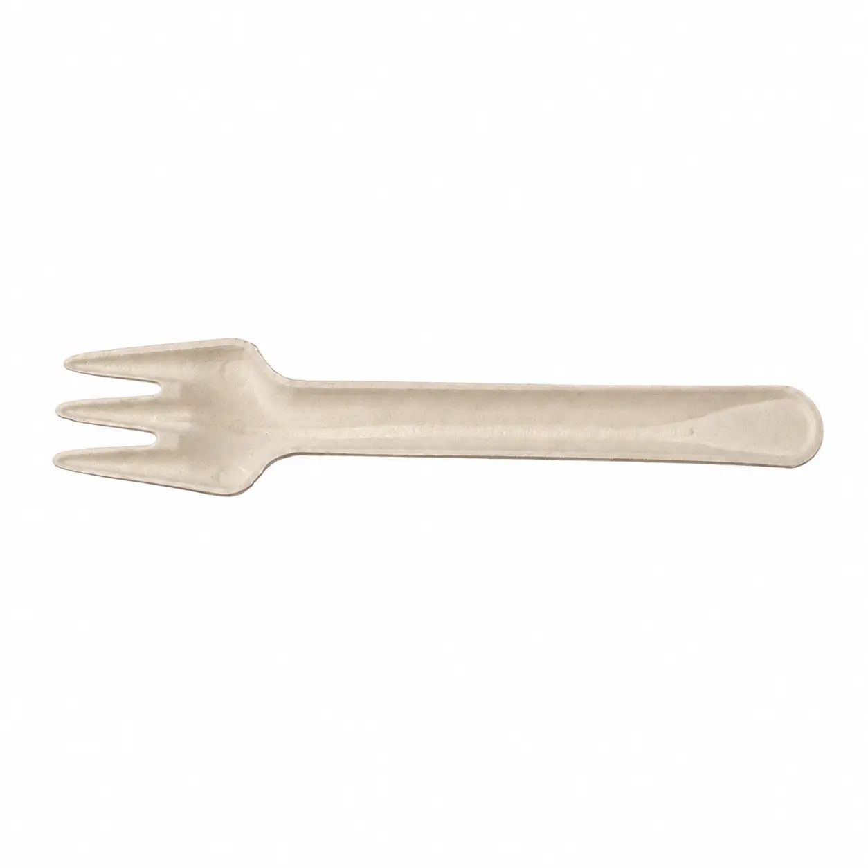 6-Inch Molded Fiber Fork Top-Side View Top-side view of a natural-color 6-Inch Molded Fiber Fork with three tapered tines, two open slots, a broad fork head, and a rounded reinforced handle