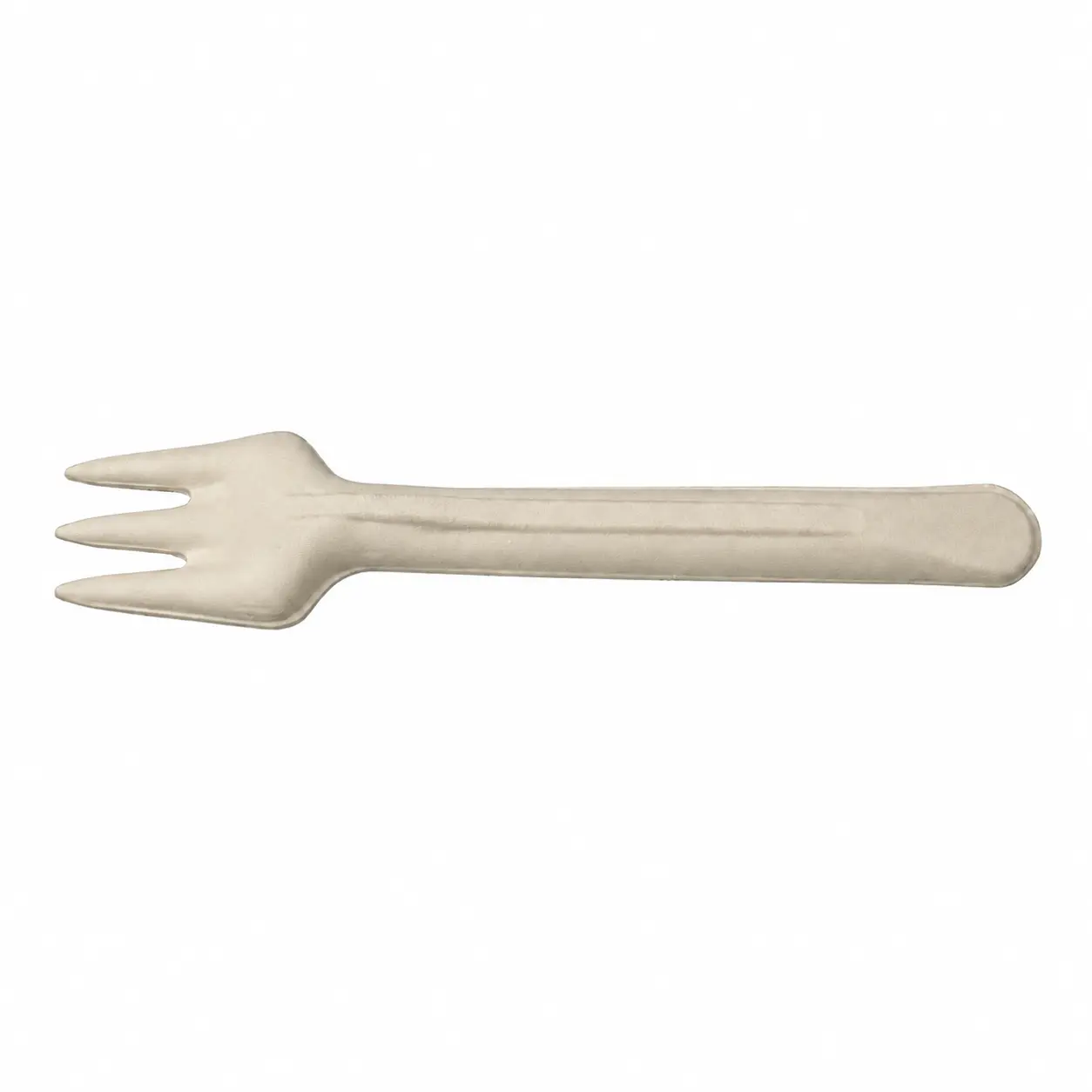 6-Inch Molded Fiber Fork Reverse-Side View Reverse-side view of a natural-color 6-Inch Molded Fiber Fork showing three pointed tines, two slots, a broad molded head, and longitudinal handle reinforcement