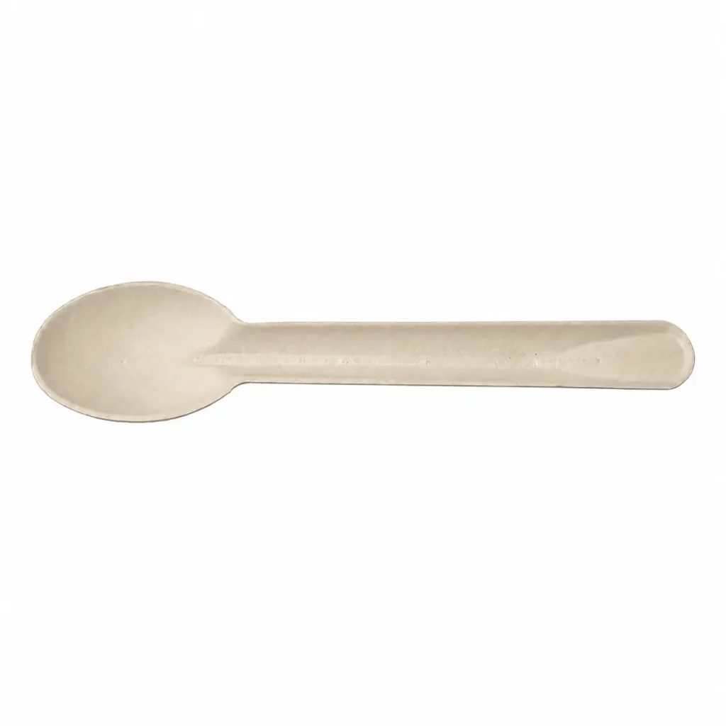Top-side view of a natural-color 6-Inch Molded Fiber Spoon with a rounded shallow bowl, narrowed neck, rounded handle, and longitudinal reinforcement