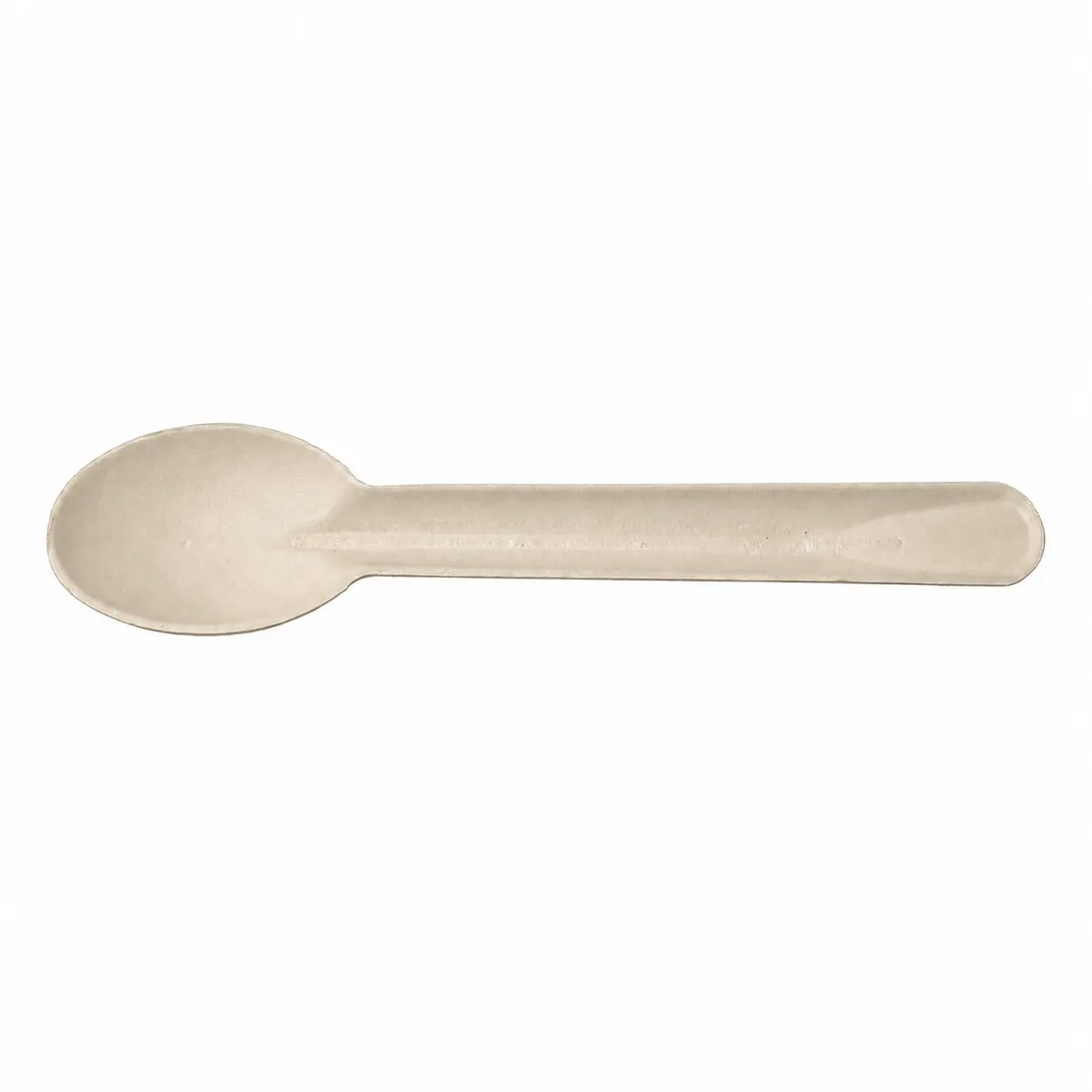 6-Inch Molded Fiber Spoon Top-Side View Top-side view of a natural-color 6-Inch Molded Fiber Spoon with a rounded shallow bowl, narrowed neck, rounded handle, and longitudinal reinforcement
