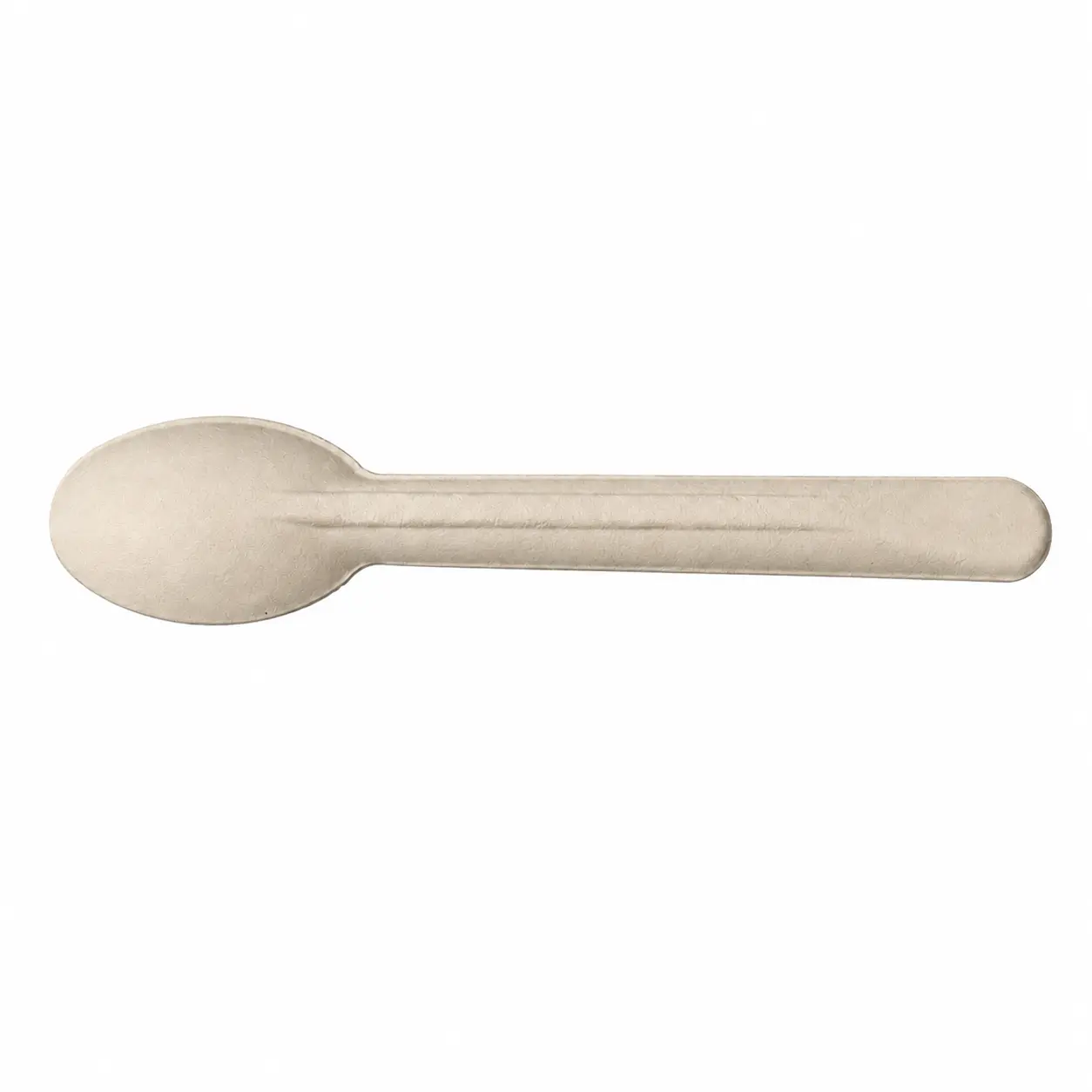 6-Inch Molded Fiber Spoon Reverse-Side View Reverse-side view of a natural-color 6-Inch Molded Fiber Spoon showing its rounded bowl underside, narrowed neck, rounded handle, and raised reinforcement