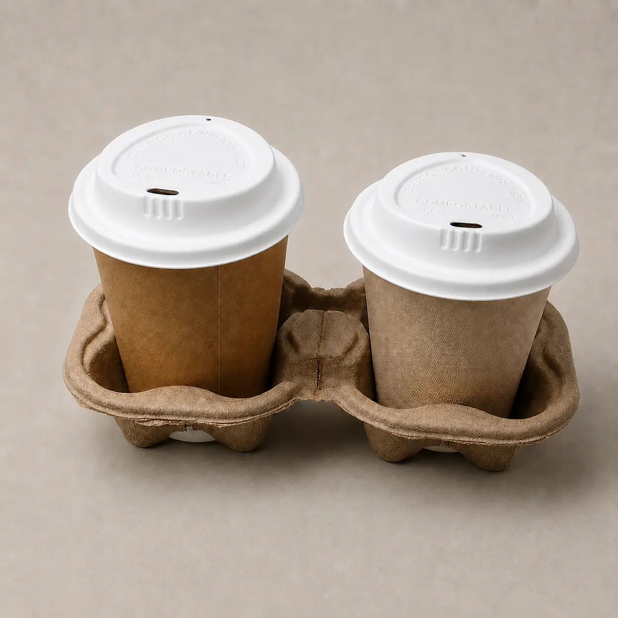 90mm Triangle-Design Molded Fiber Hot Cup Lids in Two-Cup Carrier Two takeaway cups fitted with white 90mm triangle-design molded fiber hot cup lids in a molded fiber two-cup drink carrier