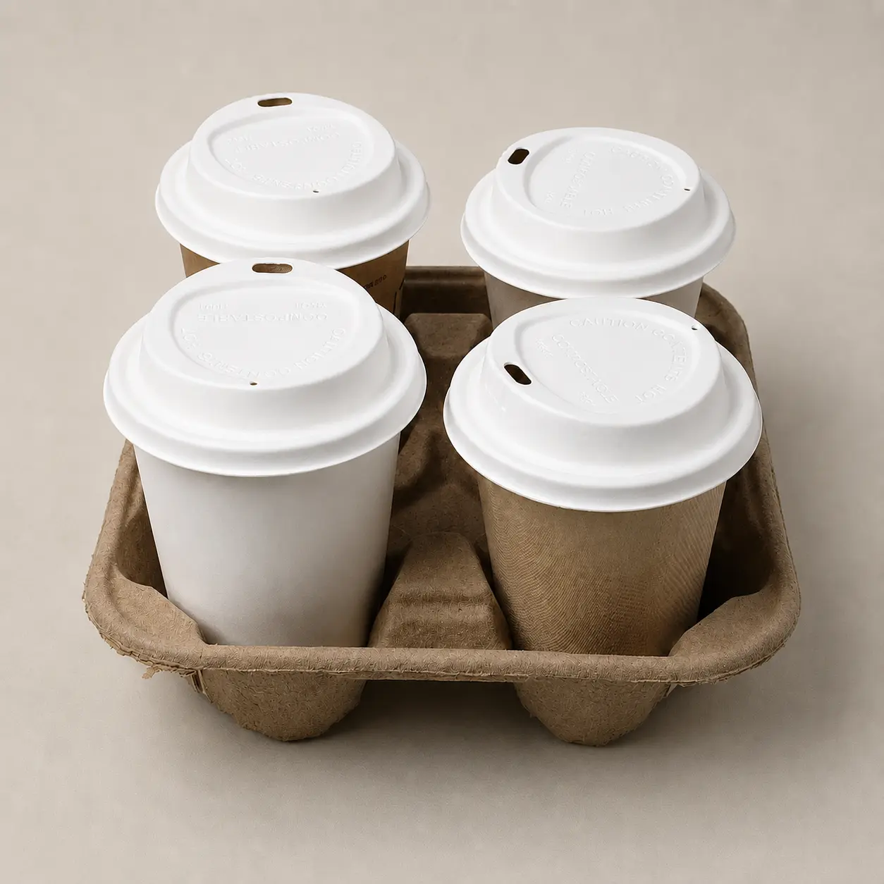 90mm Triangle-Design Molded Fiber Hot Cup Lids in Four-Cup Carrier Four takeaway cups fitted with white 90mm triangle-design molded fiber hot cup lids in a molded fiber four-cup drink carrier