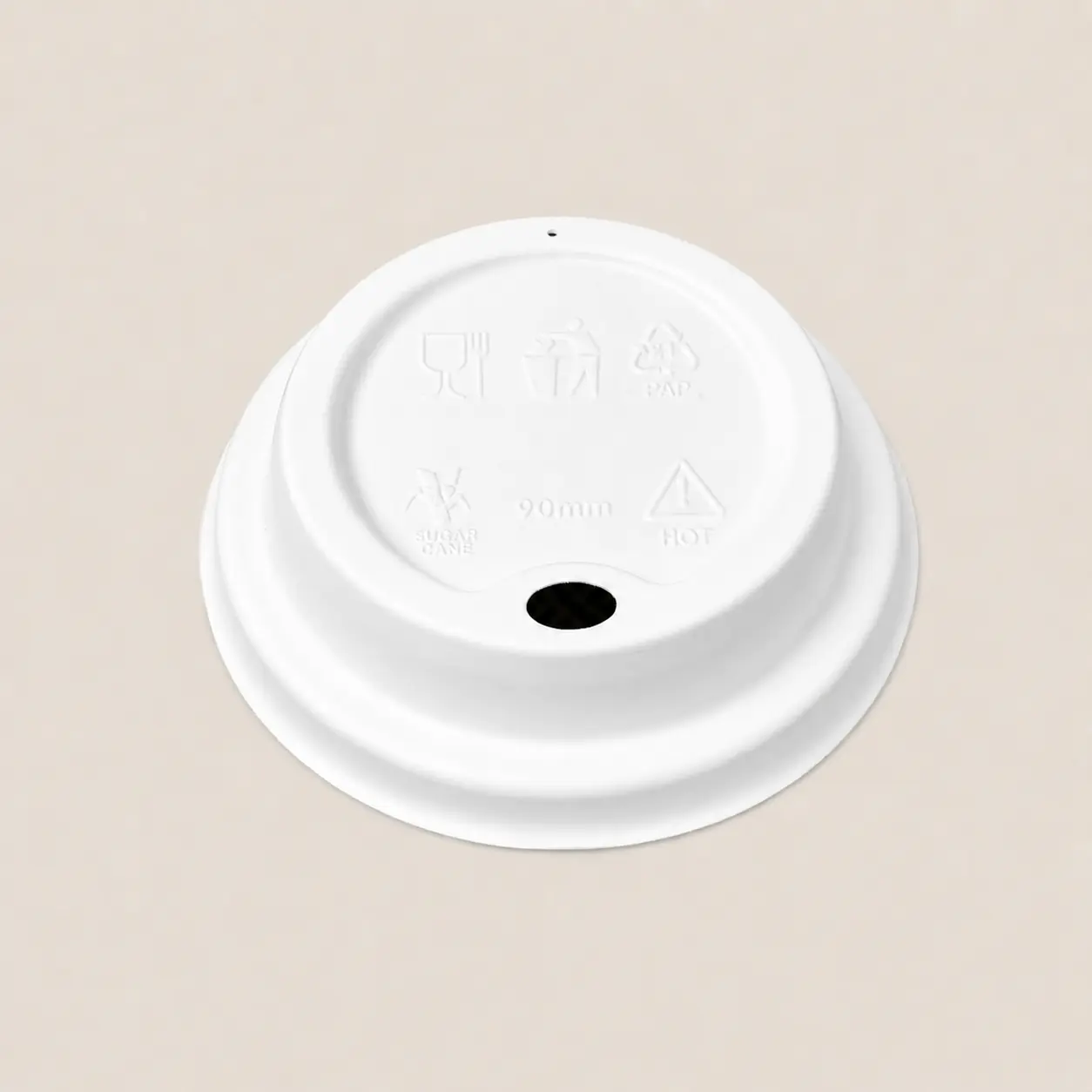 90mm Molded Fiber Hot Cup Sip Lid Product View Front angled view of a white 90mm molded fiber hot cup sip lid with a fixed drinking opening and separate vent hole