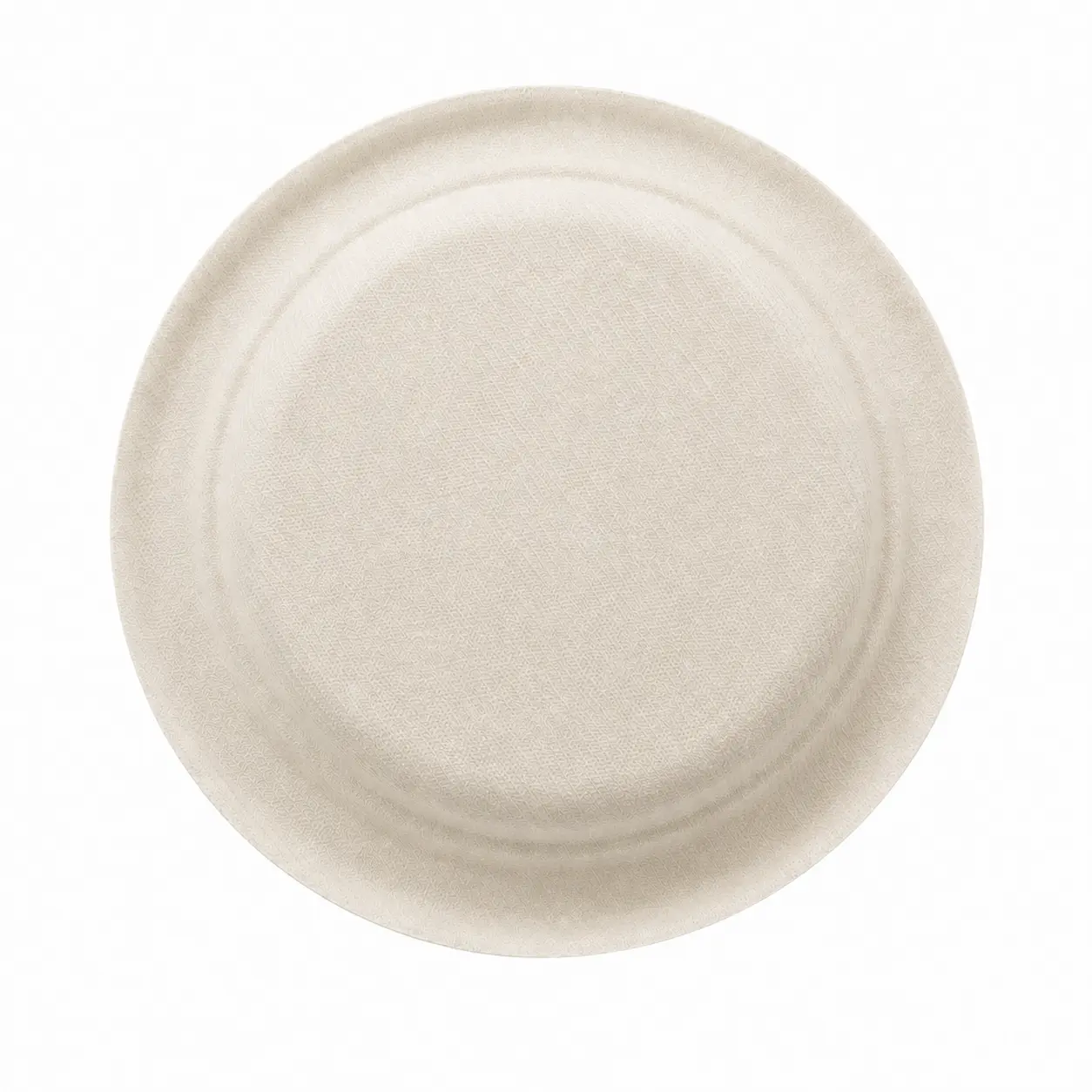 6-Inch Sugarcane Bagasse Round Plate Underside Underside view of a natural-color 6-Inch Sugarcane Bagasse Round Plate showing its molded mesh texture and round rim structure