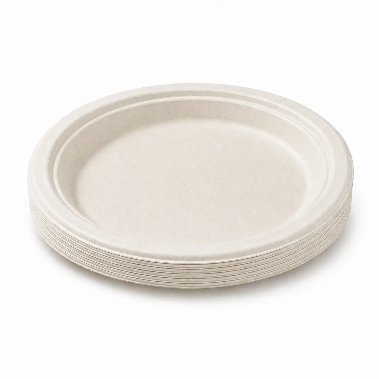 7-Inch Sugarcane Bagasse Round Plate Nested Stack Nested stack of natural-color 7-Inch Sugarcane Bagasse Round Plates showing consistent rims and compact molded-fiber stacking