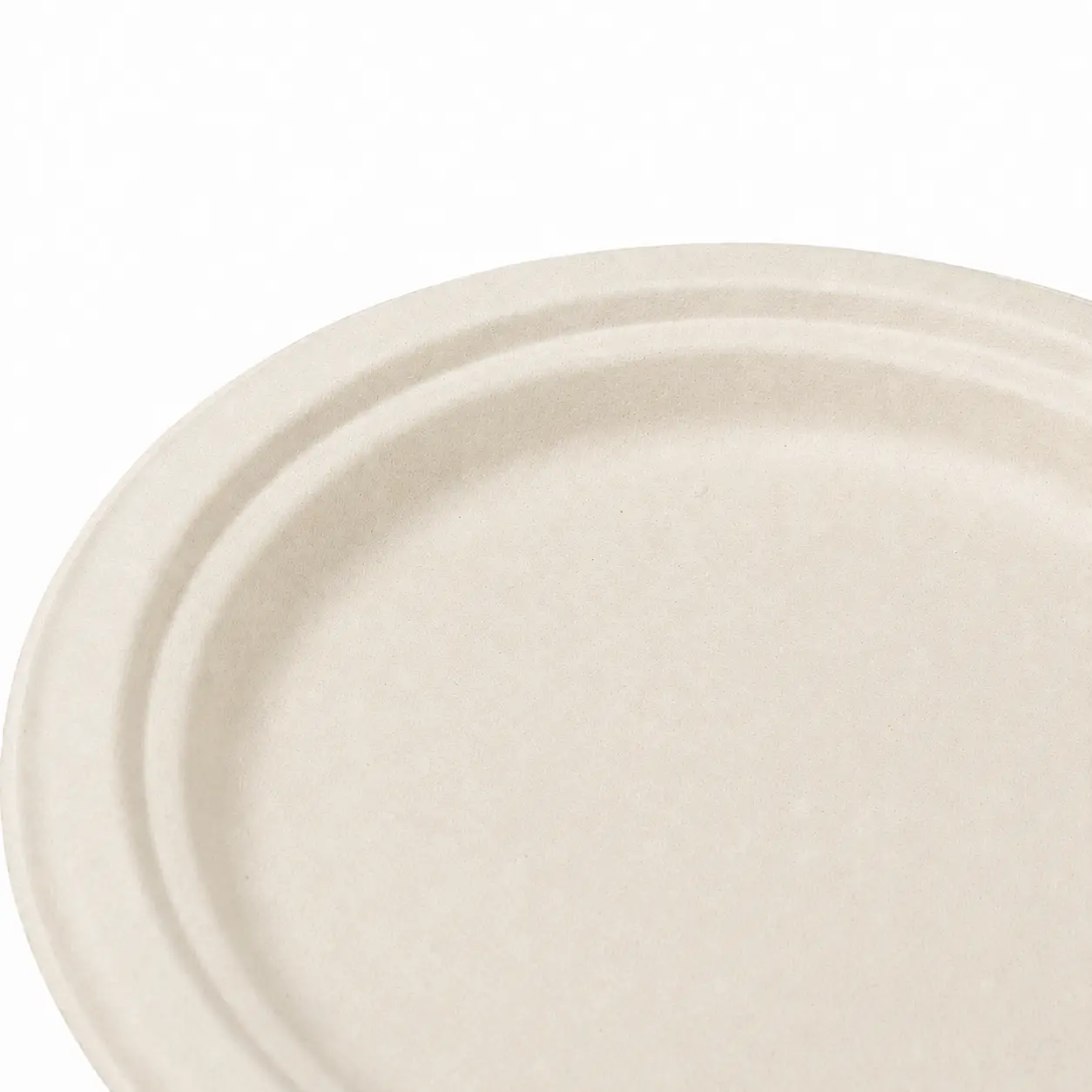 8-Inch Sugarcane Bagasse Round Plate Surface Detail Close-up view of a natural-color 8-Inch Sugarcane Bagasse Round Plate showing its smooth serving surface, molded fiber texture, and raised circular rim