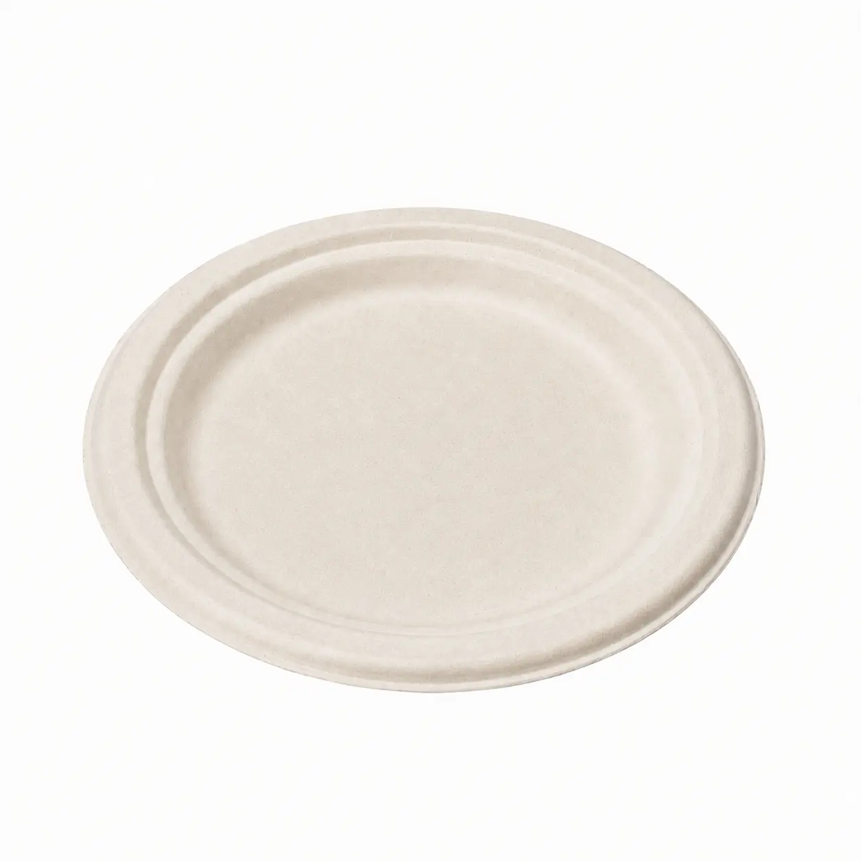 8-Inch Sugarcane Bagasse Round Plate Angled Top View Angled top view of a natural-color 8-Inch Sugarcane Bagasse Round Plate with a broad serving area and raised continuous rim