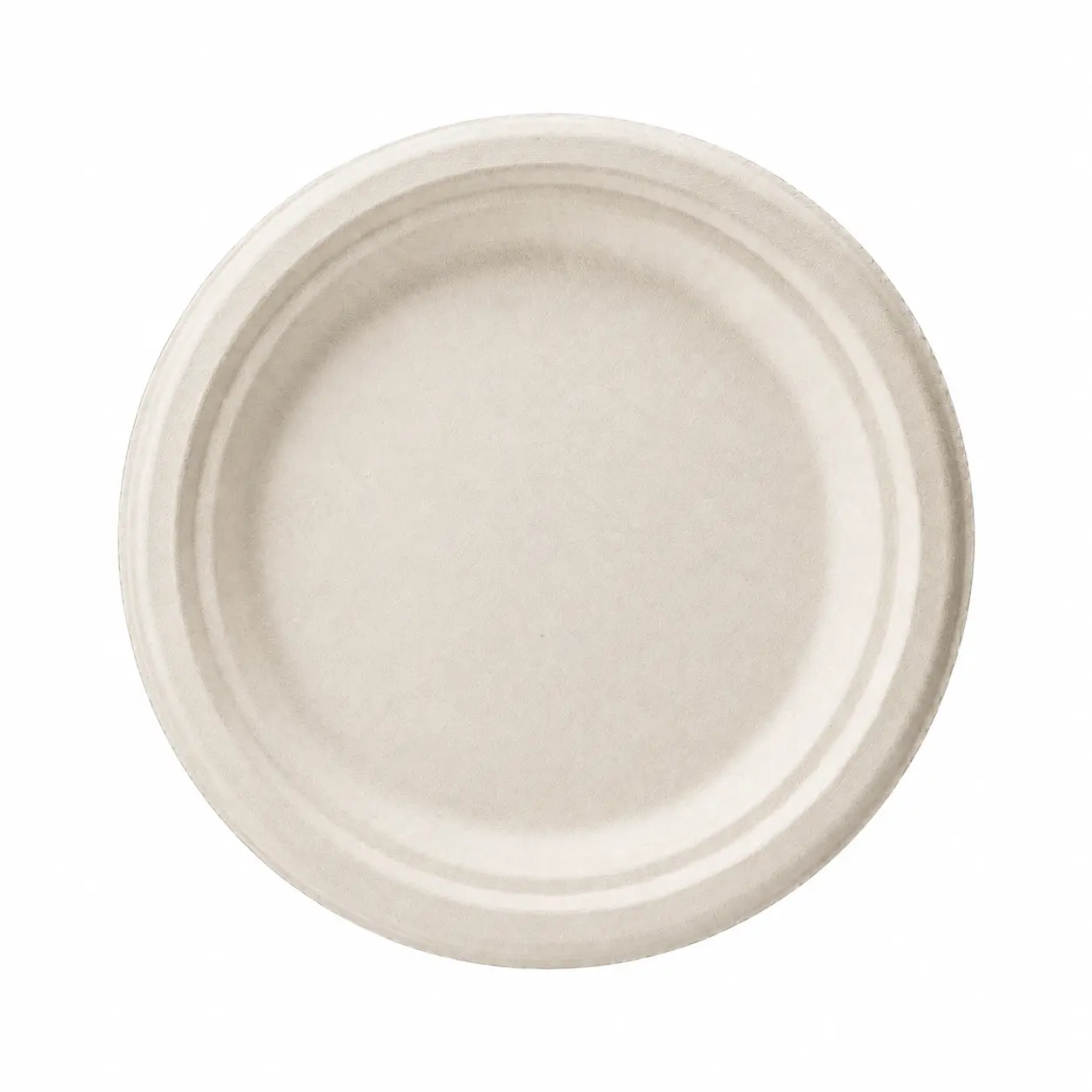 8-Inch Sugarcane Bagasse Round Plate Top View Top view of a natural-color 8-Inch Sugarcane Bagasse Round Plate showing its single-section serving area and raised circular rim