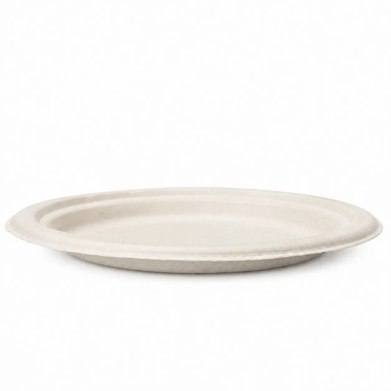 8-Inch Sugarcane Bagasse Round Plate Side Profile Low side view of a natural-color 8-Inch Sugarcane Bagasse Round Plate showing its shallow depth, raised rim, and molded fiber edge