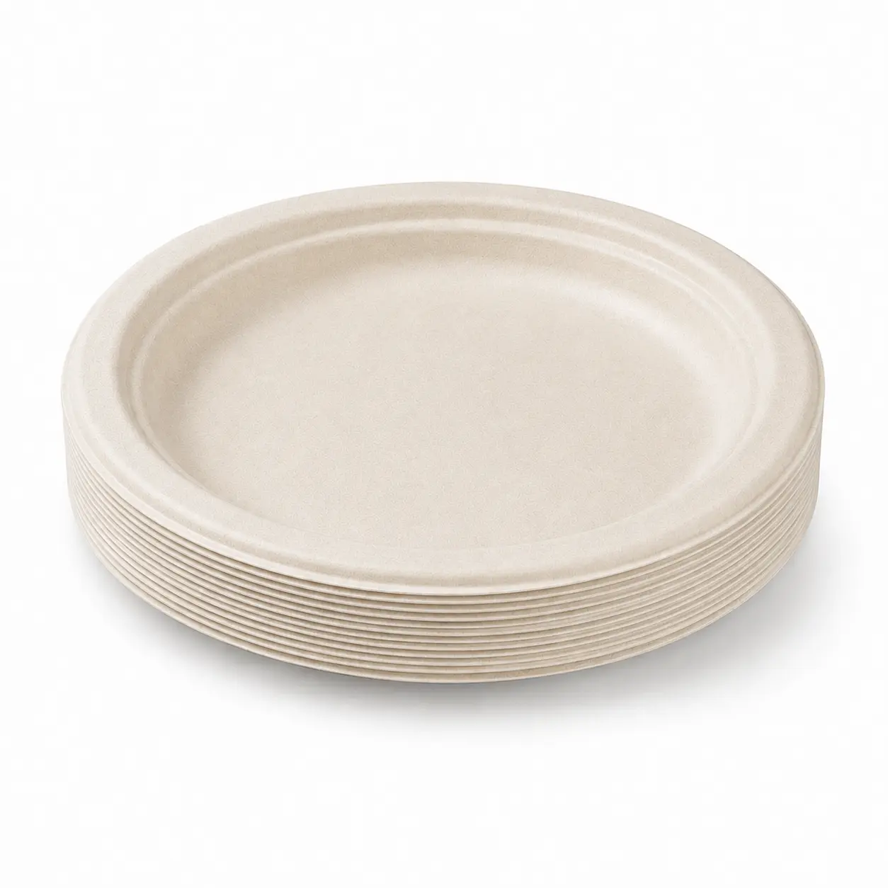 9-Inch Sugarcane Bagasse Round Plate Nested Stack Nested stack of natural-color 9-Inch Sugarcane Bagasse Round Plates showing aligned rims and compact molded-fiber stacking