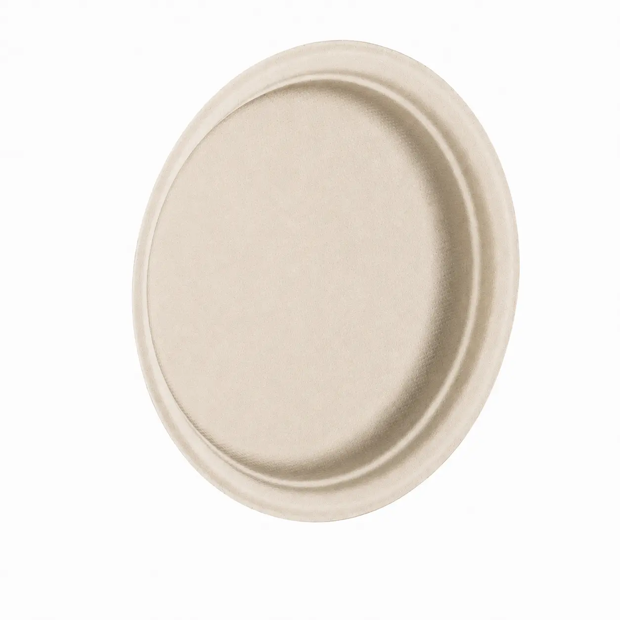 9-Inch Sugarcane Bagasse Round Plate Underside Angled View Angled underside view of a natural-color 9-Inch Sugarcane Bagasse Round Plate showing its molded outer texture and circular rim structure