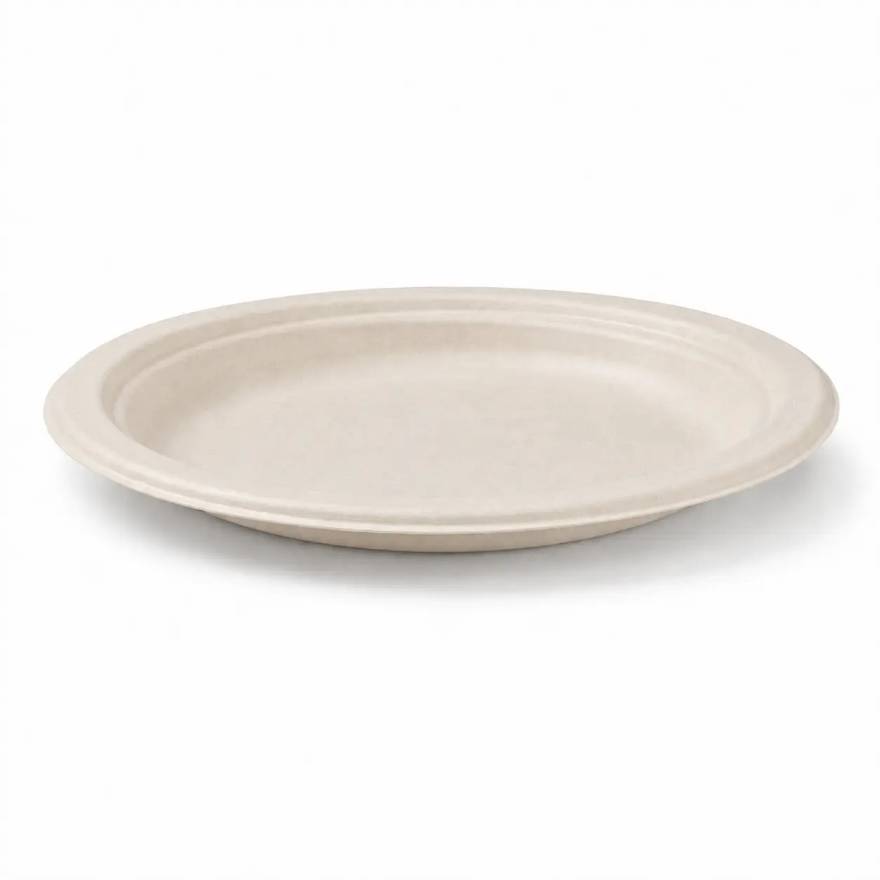 9-Inch Sugarcane Bagasse Round Plate Side Profile Low side view of a natural-color 9-Inch Sugarcane Bagasse Round Plate showing its shallow depth, raised rim, and molded fiber edge