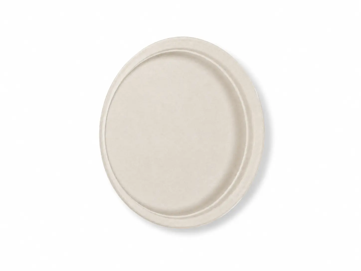 10-Inch Sugarcane Bagasse Round Plate Angled View Angled view of a natural-color 10-Inch Sugarcane Bagasse Round Plate showing its broad serving area, raised rim, and shallow molded depth