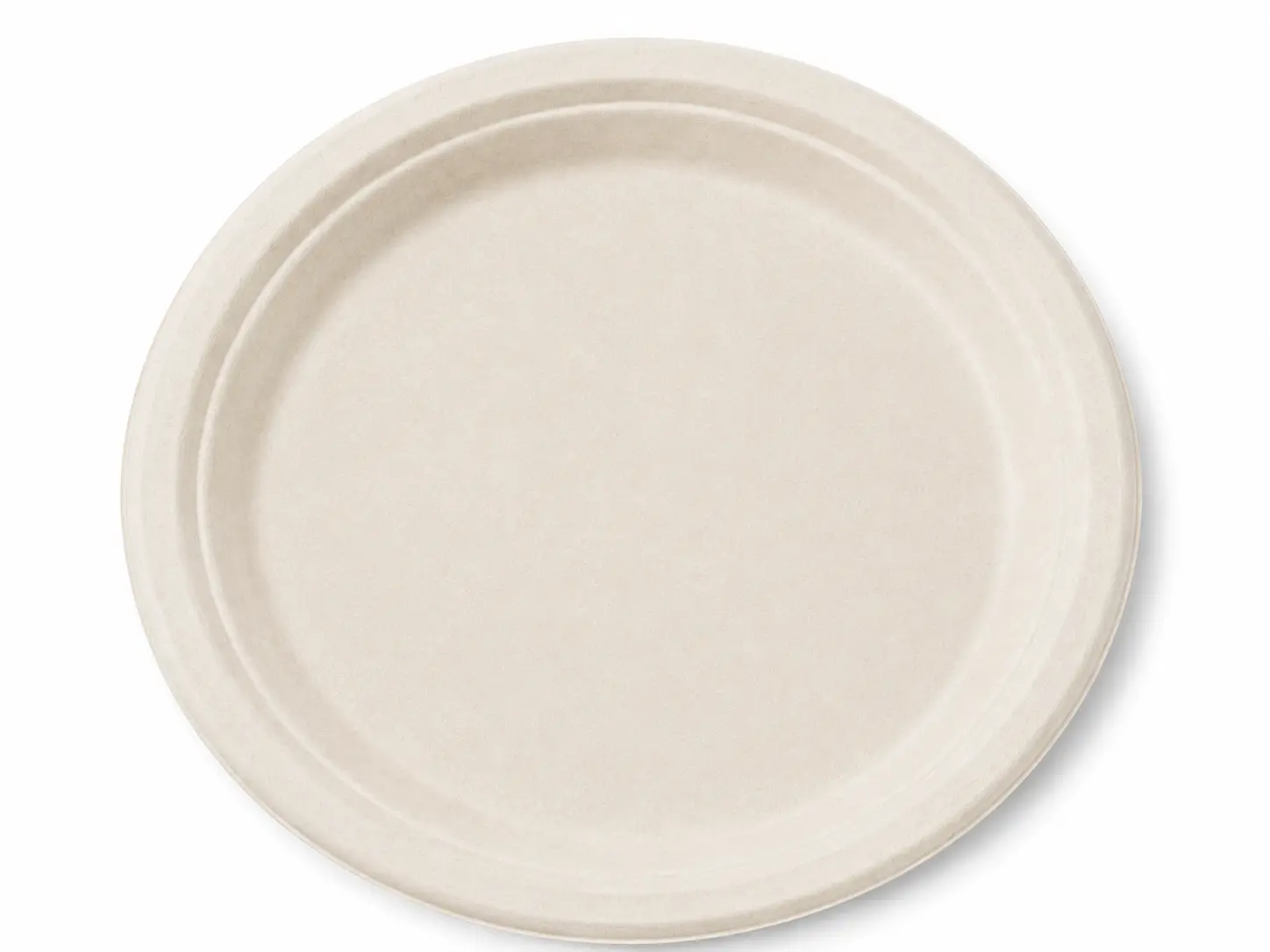10-Inch Sugarcane Bagasse Round Plate Close-Up Top View Close-up top view of a natural-color 10-Inch Sugarcane Bagasse Round Plate showing its single-section serving area and continuous raised rim