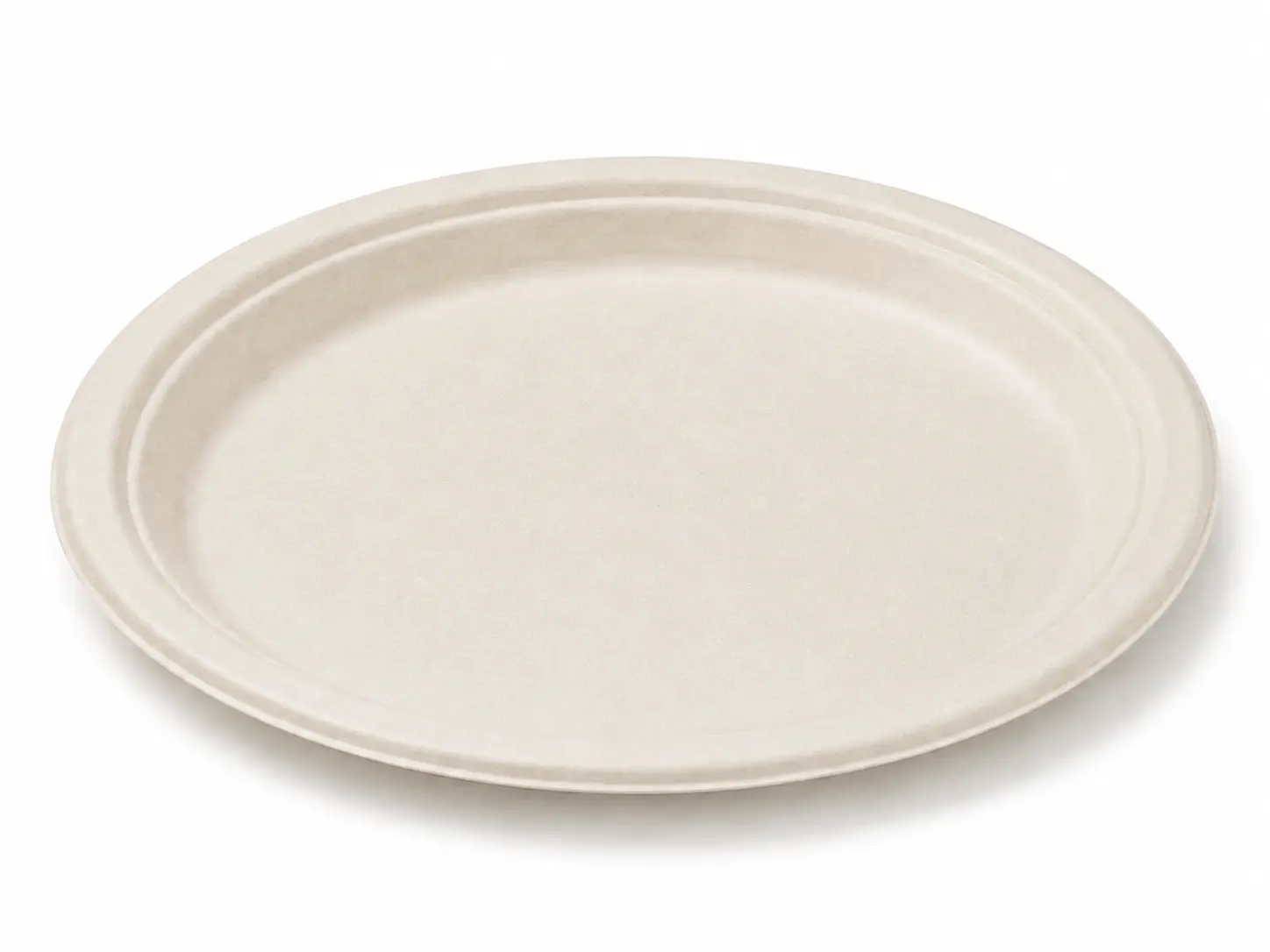 10-Inch Sugarcane Bagasse Round Plate Product View Natural-color 10-Inch Sugarcane Bagasse Round Plate on a white background showing its circular shape, broad serving area, and raised rim