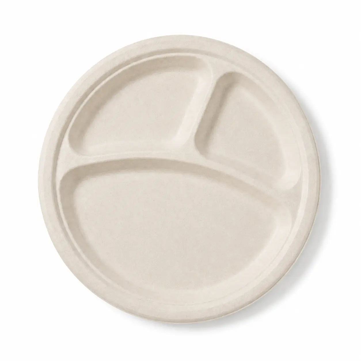 10-Inch 3-Compartment Sugarcane Bagasse Round Plate Top View Top view of a natural-color 10-Inch 3-Compartment Sugarcane Bagasse Round Plate with one large main section and two smaller serving sections