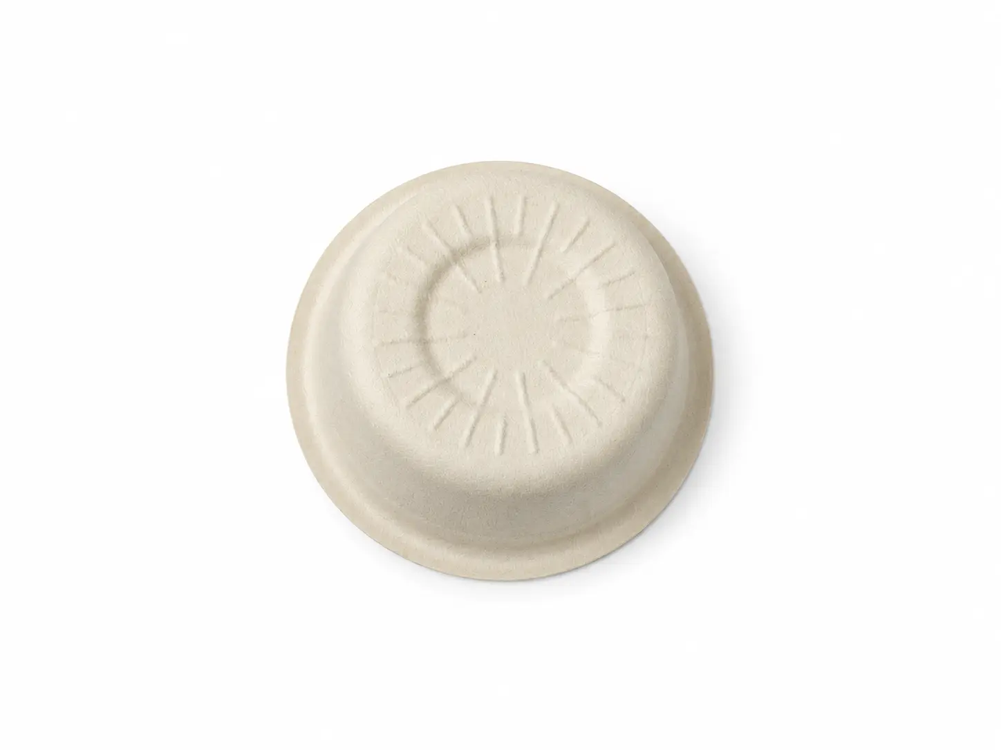 1oz Molded Fiber Sauce Cup Bottom View Bottom view of a natural-color 1oz Molded Fiber Sauce Cup showing its circular base, radial reinforcing texture, tapered wall, and molded rim