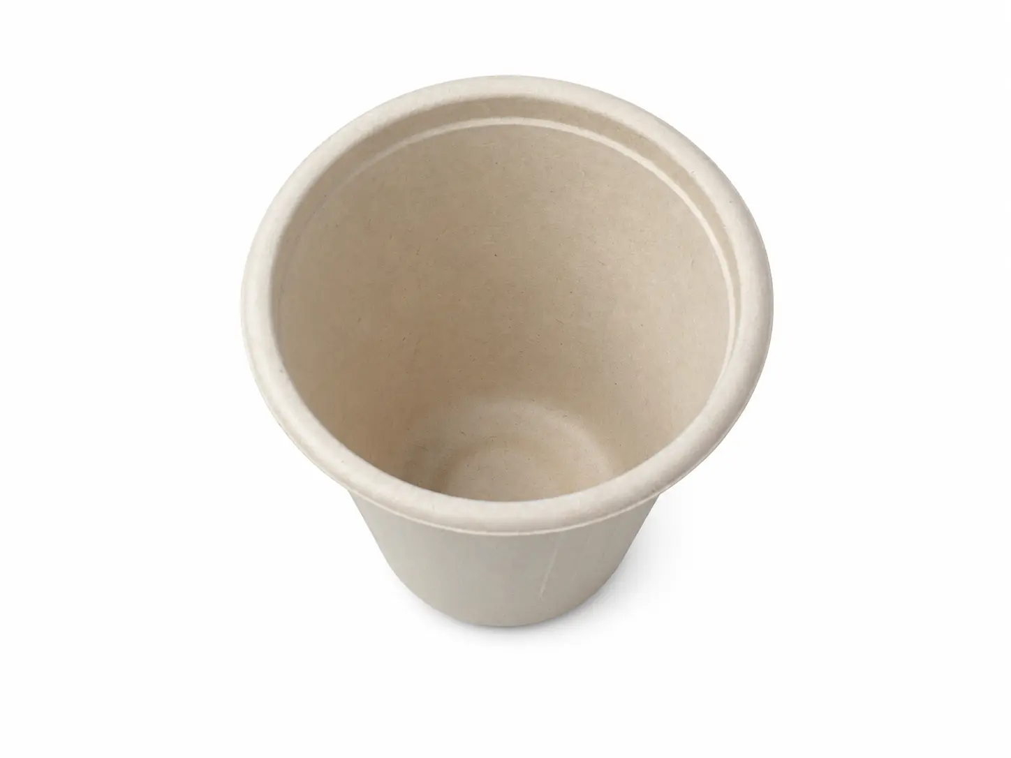 6.5oz Molded Fiber Cup Top View Top view of a natural-color 6.5oz Molded Fiber Cup showing its round opening, flanged rim, smooth inner surface, and tapered body