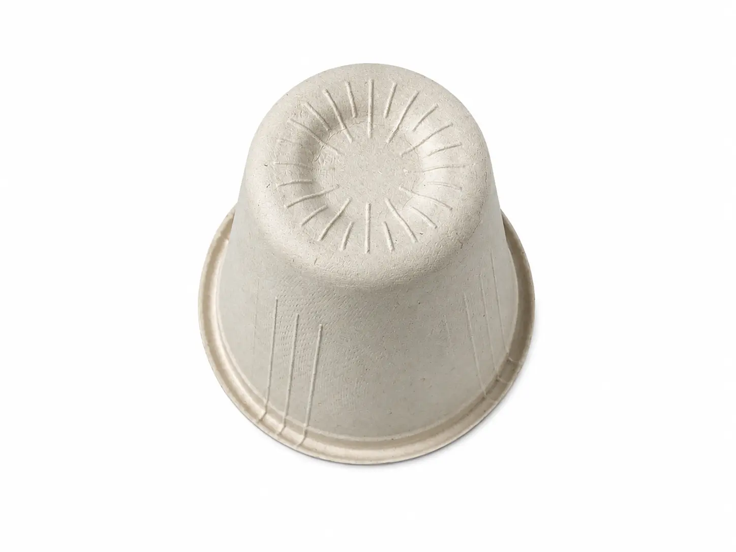 6.5oz Molded Fiber Cup Bottom View Bottom view of a natural-color 6.5oz Molded Fiber Cup showing its circular base, radial reinforcing ribs, tapered outer wall, and molded-fiber texture