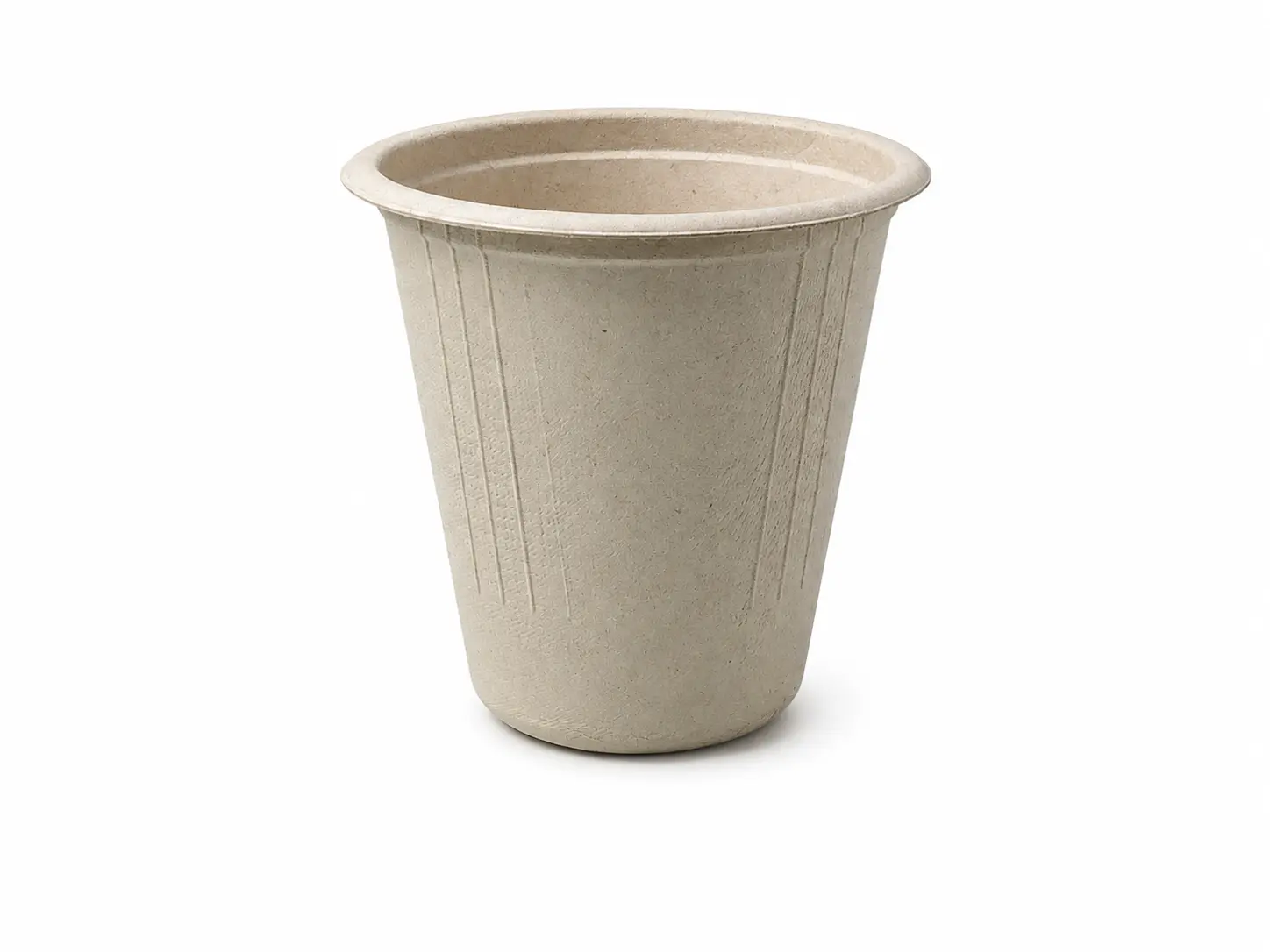 6.5oz Molded Fiber Cup Side View Side view of a natural-color 6.5oz Molded Fiber Cup showing its flanged rim, tapered body, vertical reinforcing details, and circular base