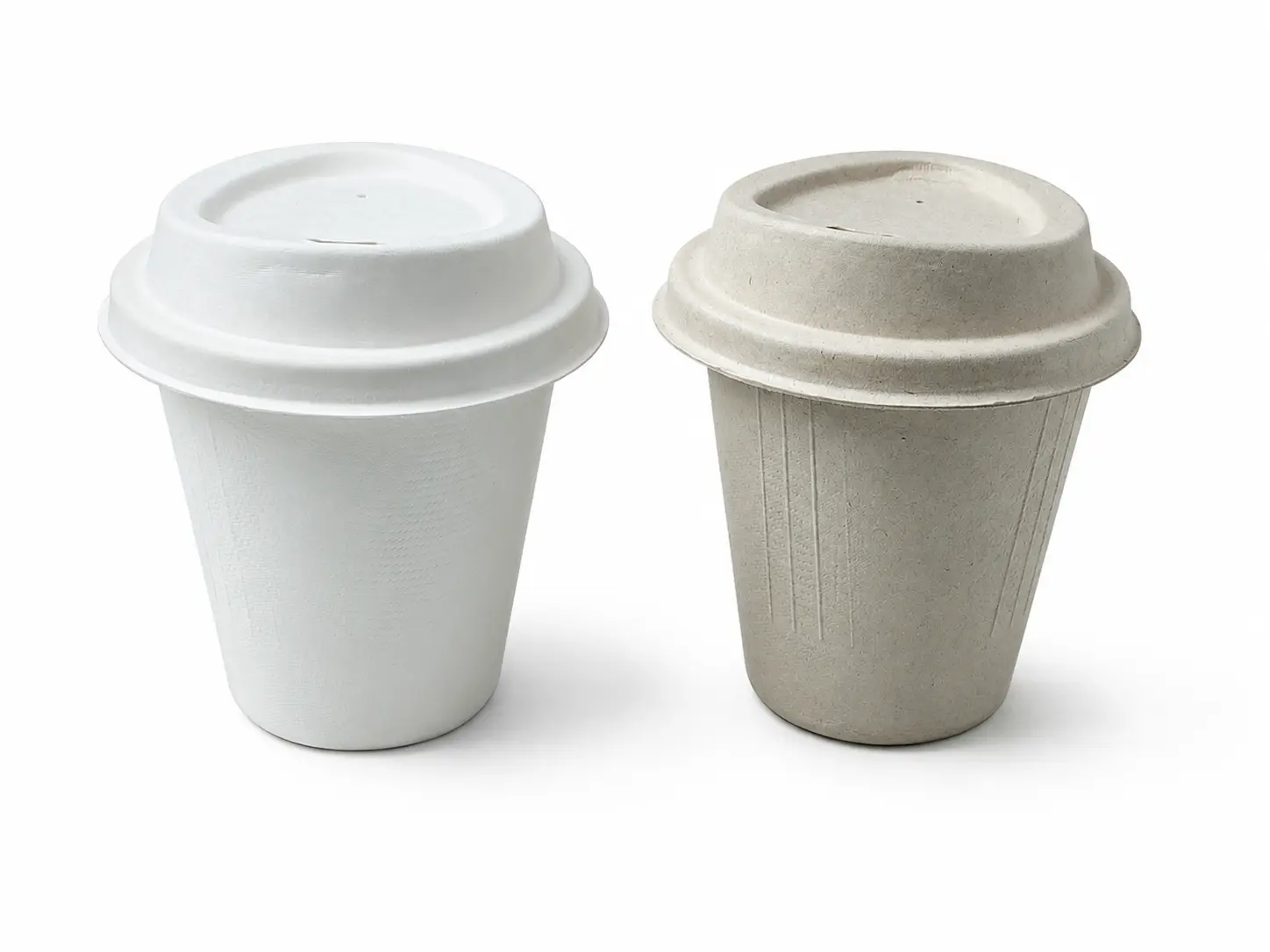6.5oz Molded Fiber Cup White and Natural Lid Options White and natural-color 6.5oz Molded Fiber Cups displayed with matching molded fiber lid options for hot and cold drinks