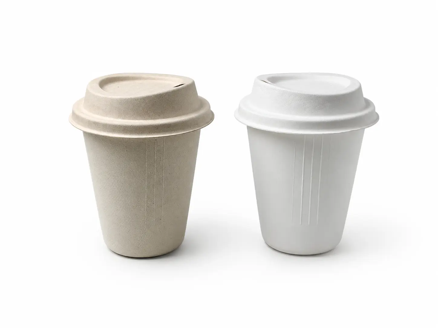 12oz Molded Fiber Cup White and Natural Lid Options Natural and white 12oz Molded Fiber Cups displayed with optional matching molded fiber lids for hot and cold beverage service
