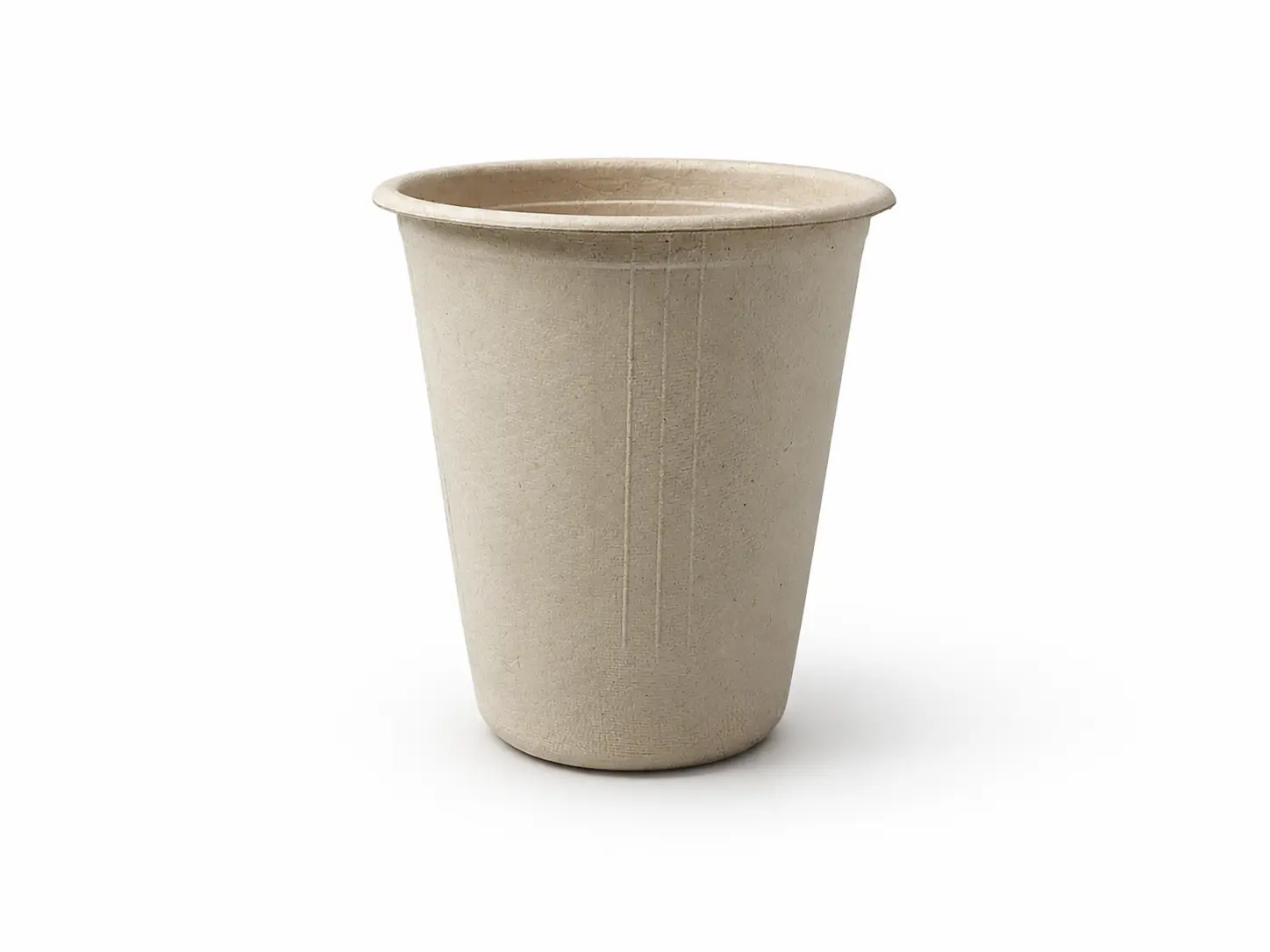 12oz Molded Fiber Cup Front View Front view of a natural-color 12oz Molded Fiber Cup showing its flanged rim, tall tapered body, vertical reinforcing lines, and circular base