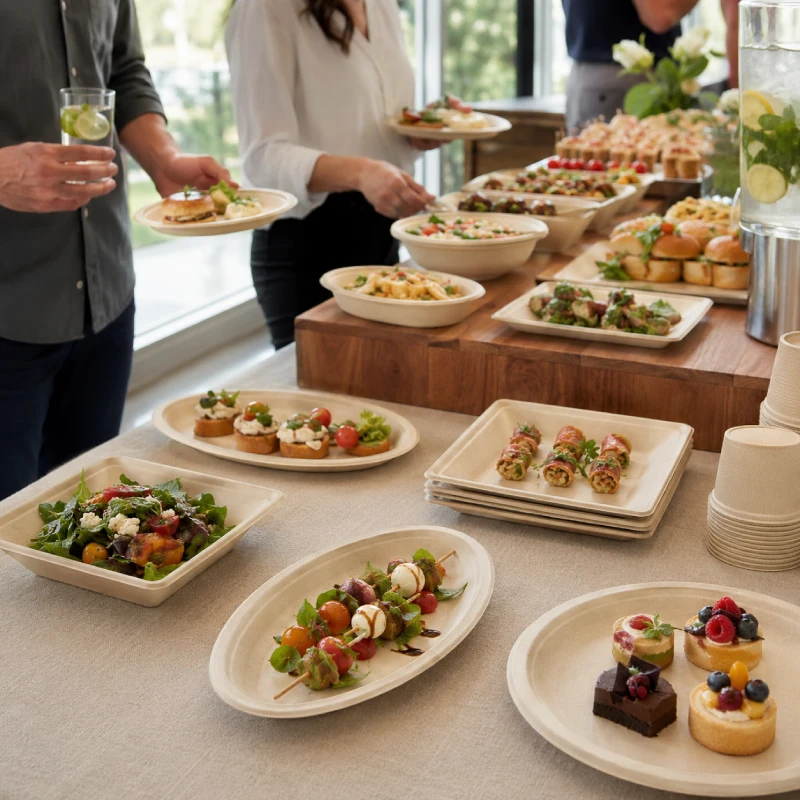 Compostable sugarcane bagasse plates for catering services and events
