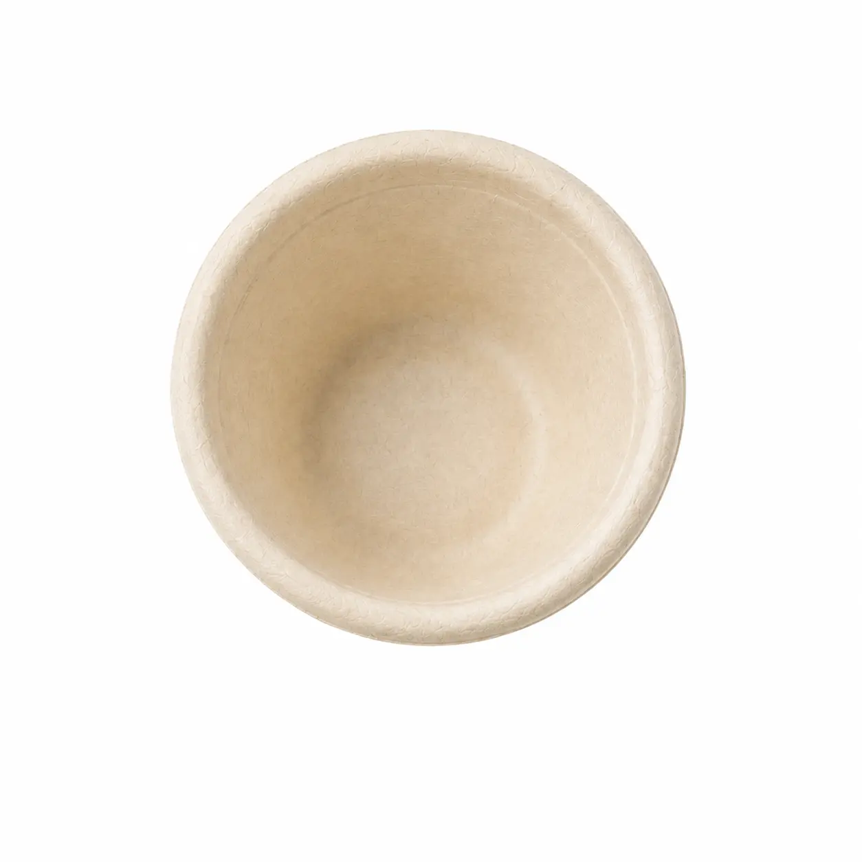 2oz Molded Fiber Sauce Cup Top View Top view of a natural-color 2oz Molded Fiber Sauce Cup showing its round inner serving area, continuous flanged rim, and smooth molded-fiber interior