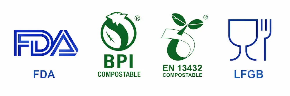 FDA BPI EN 13432 and LFGB certifications for molded pulp food packaging