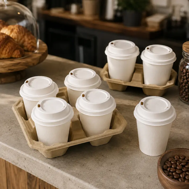 Molded fiber cups and lids for coffee shop applications