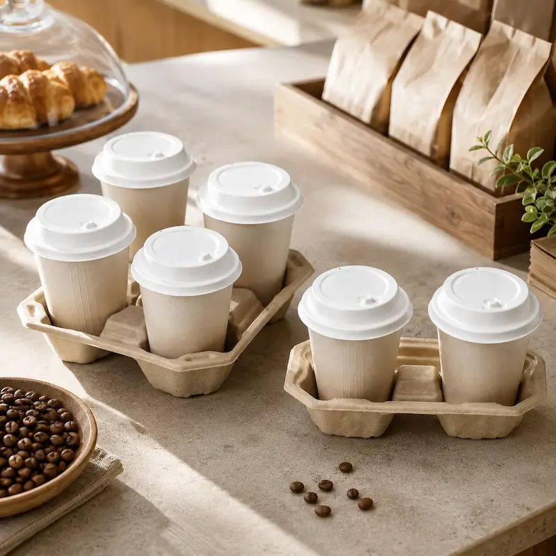 Compostable fiber cups and lids for takeaway beverage services