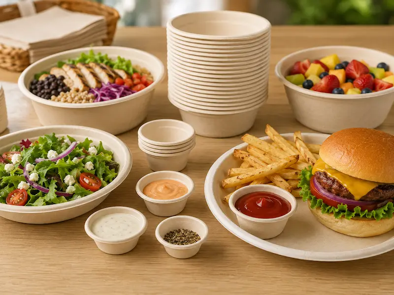 Molded fiber cups and portion cups for catering delivery and condiment service