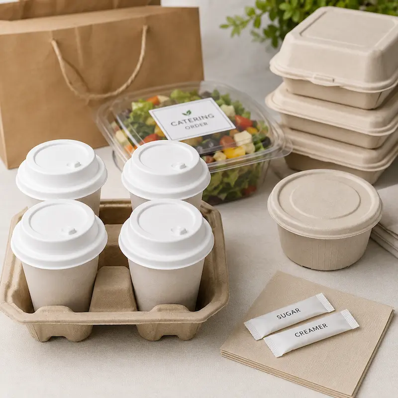 Molded fiber cups with lids for catering and beverage delivery