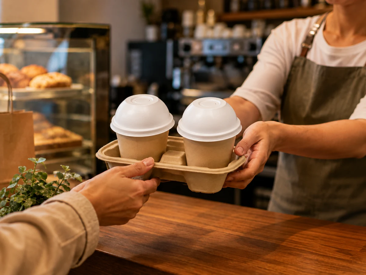Molded pulp drink carriers for coffee shops and cafes