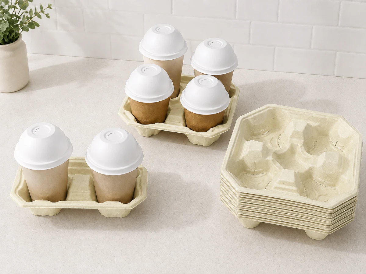 Molded pulp drink carriers for compostable coffee cup packaging