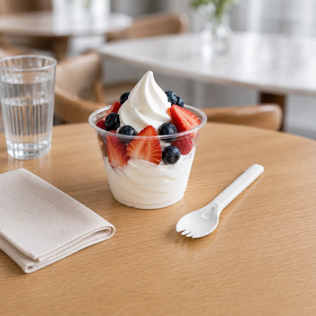 6-Inch Molded Fiber Spork for Café Desserts White 6-Inch Molded Fiber Spork beside a clear cup of swirled dessert topped with strawberries, blueberries, and raspberries