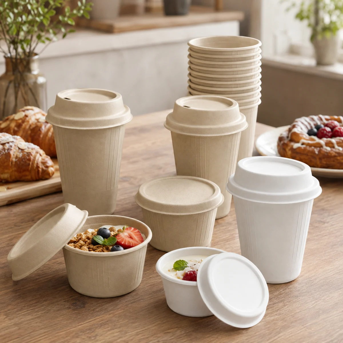 Molded fiber cups and compostable lids for sustainable beverage packaging