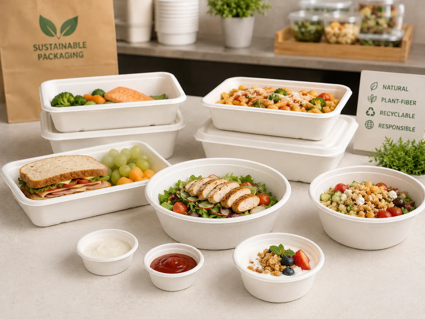 Molded pulp food containers for retail prepared meals and food distribution