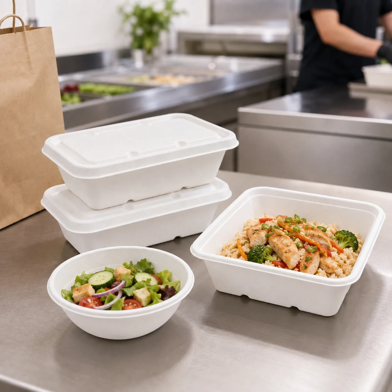 Molded pulp food containers for takeaway meals and quick service restaurants