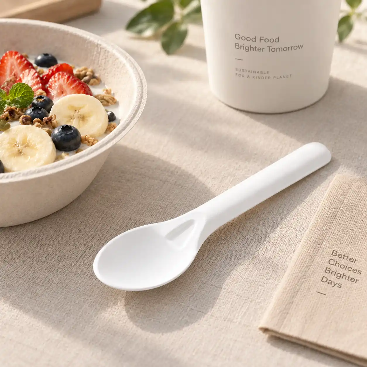 6-Inch Molded Fiber Spoon KPS-02 for Breakfast Service White 6-Inch Molded Fiber Spoon KPS-02 beside a yogurt breakfast bowl with granola, banana, strawberries, and blueberries