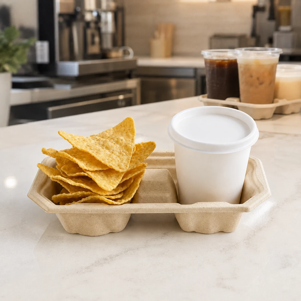 Molded pulp drink carriers for beverage chains and franchises