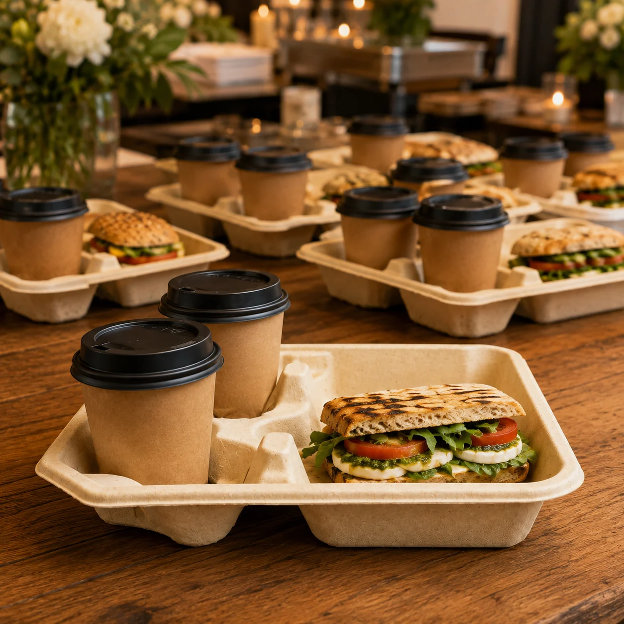 Molded pulp drink carriers for food delivery and catering