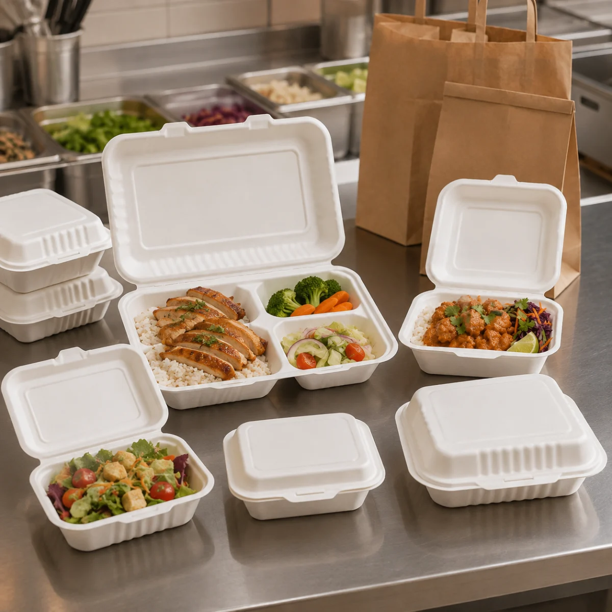 Compostable molded pulp food clamshell containers for sustainable takeaway packaging